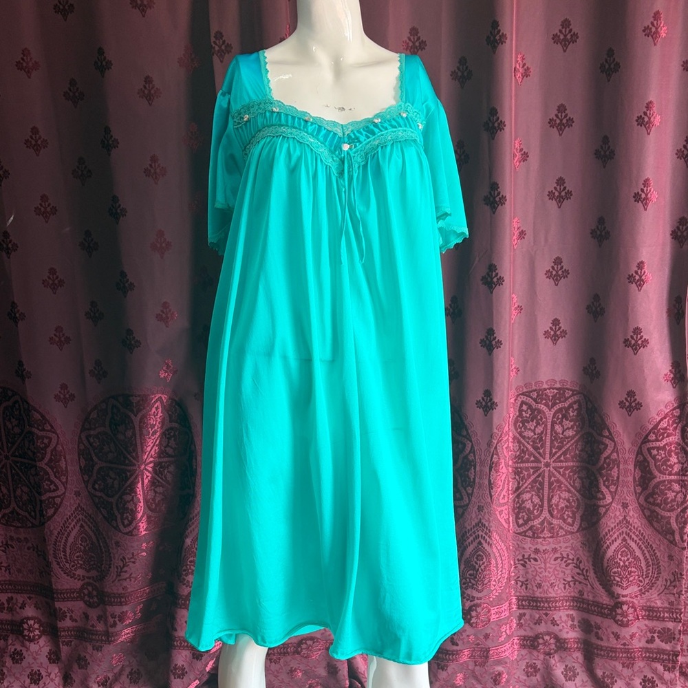 Vintage Turquoise Nightgown - Lace Trim Sleep Dress Size 2XL